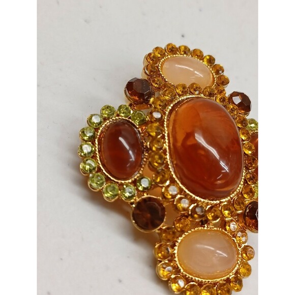 Butterscotch Amber Cream Lucite Cabochon Multicolor Rhinestone Brooch Pendant - Picture 5 of 8